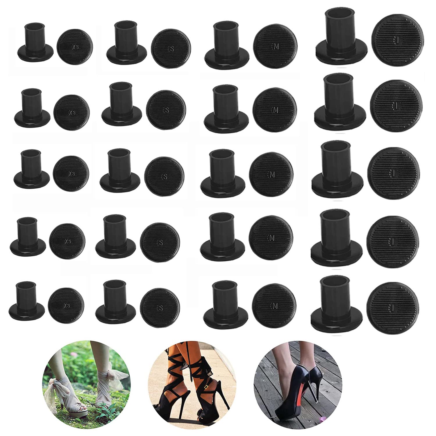 MEISO MEISO 20 Pares de Protectores Para Tacón Alto, Protector Tacones, Stiletto Protectors de Tacón Alto, 4 tamaños Tacón de Ahorro de Tacos Tapones, Para Bodas o Eventos al Aire Libre（Negro）