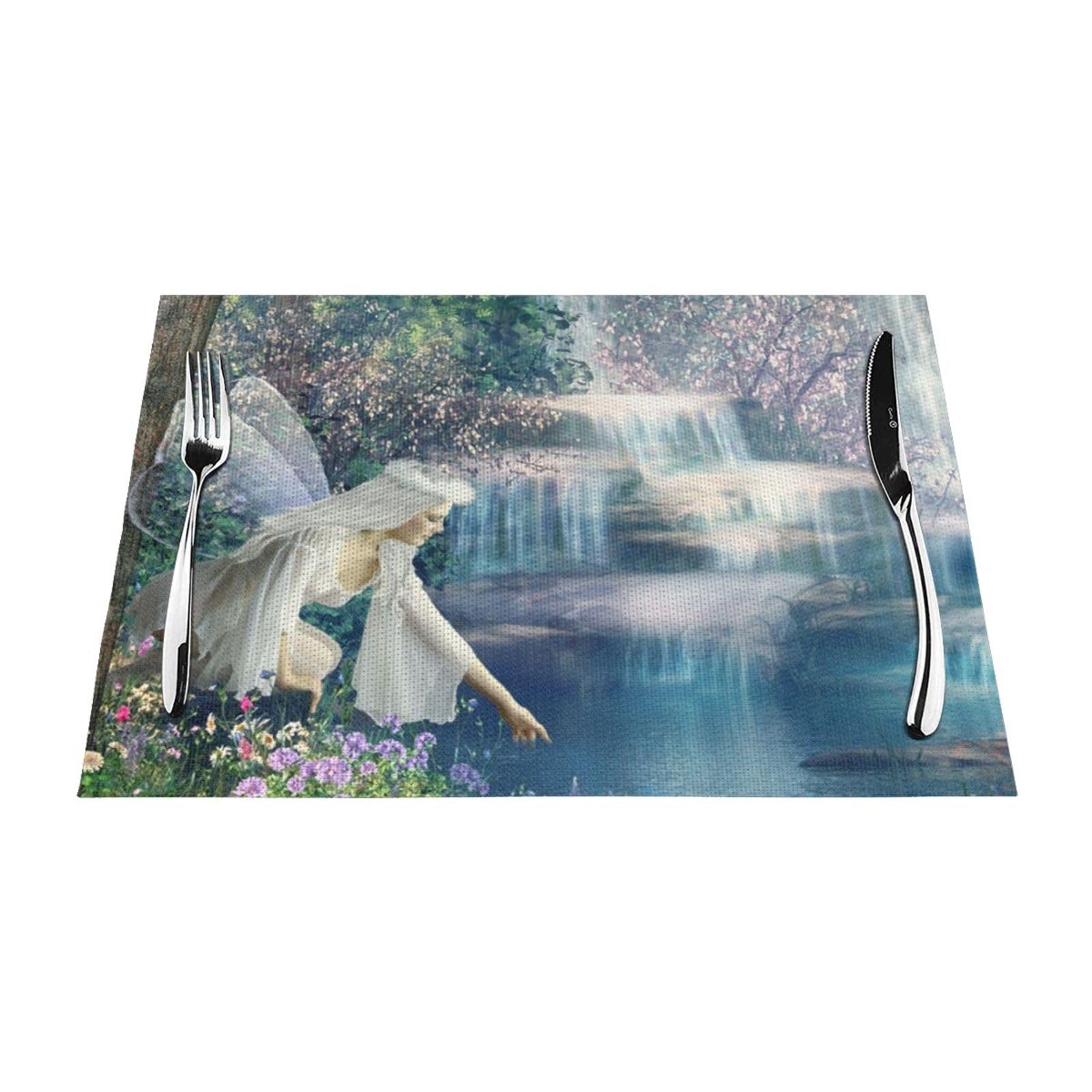 PVC Placemat Set of 6 PCS, 45x30 CM, Lake fairy Printed Non-Slip Heat Resistant Place Mats for Kitchen Dining Table Indoor Outdoor