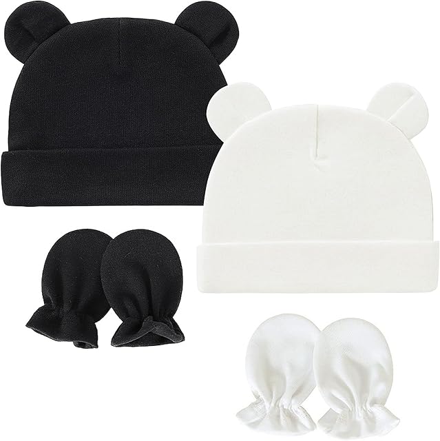 Malaxlx Newborn Baby Hats and Mittens Set Bear Ears Infant Beanie Hat Scratch Mittens for 0-3 Months Baby Girls Boys