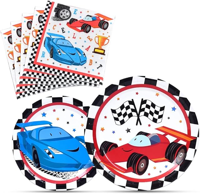 WERNNSAI Racing Car Party Supplies for Boys - Checked Racing Car Plates and Napkins Reusable Paper Luncheon Dinner Dessert Cake Plates Tableware Kit 48PCS Serves 16 Guests