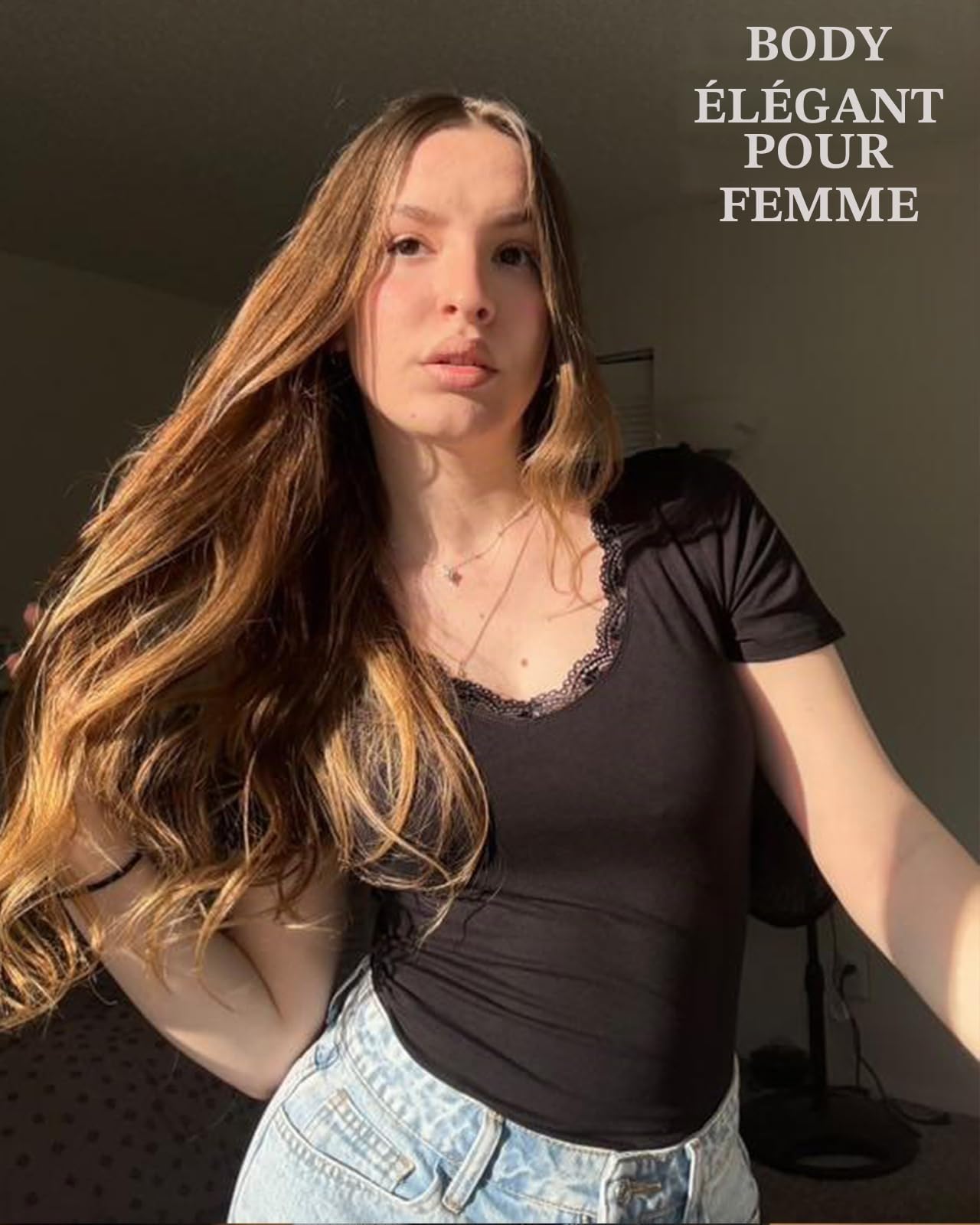 WOWENY Body pour femme, haut élégant à manches courtes et col en V en dentelle, sexy et décontracté