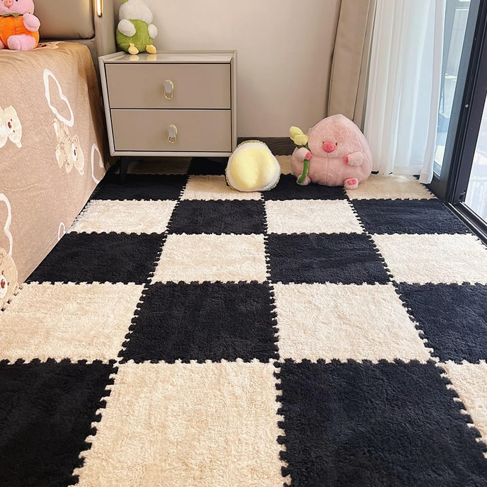 12pcs Carpet Squares Puzzle Floor Mat, Plush Interlocking Carpet Tiles, Anti Slip EVA Foam Jigsaw Floor Tiles, Build A Safe Area for Bedroom Playroom (Beige+Black)