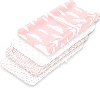 Changing Pad Cover – Premium Baby Changing Pad Covers 4 Pack – Girl Changing Pad Cover – Pure Jersey Machine Washable Pink and White Changing Table Cover – Diaper Changing Pad Cover Sheets