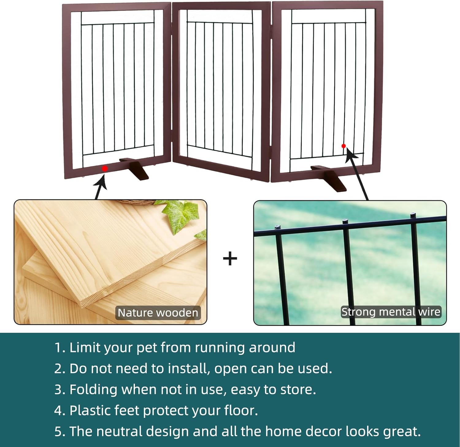 ZJSF Freestanding Dog Gate Indoor, Foldable Dog Fence for Doorways,Hallways or Stairs, Sturdy Wood Extra Wide Pet Gate with Support Feet,Brown,32 "Height-3 Panels