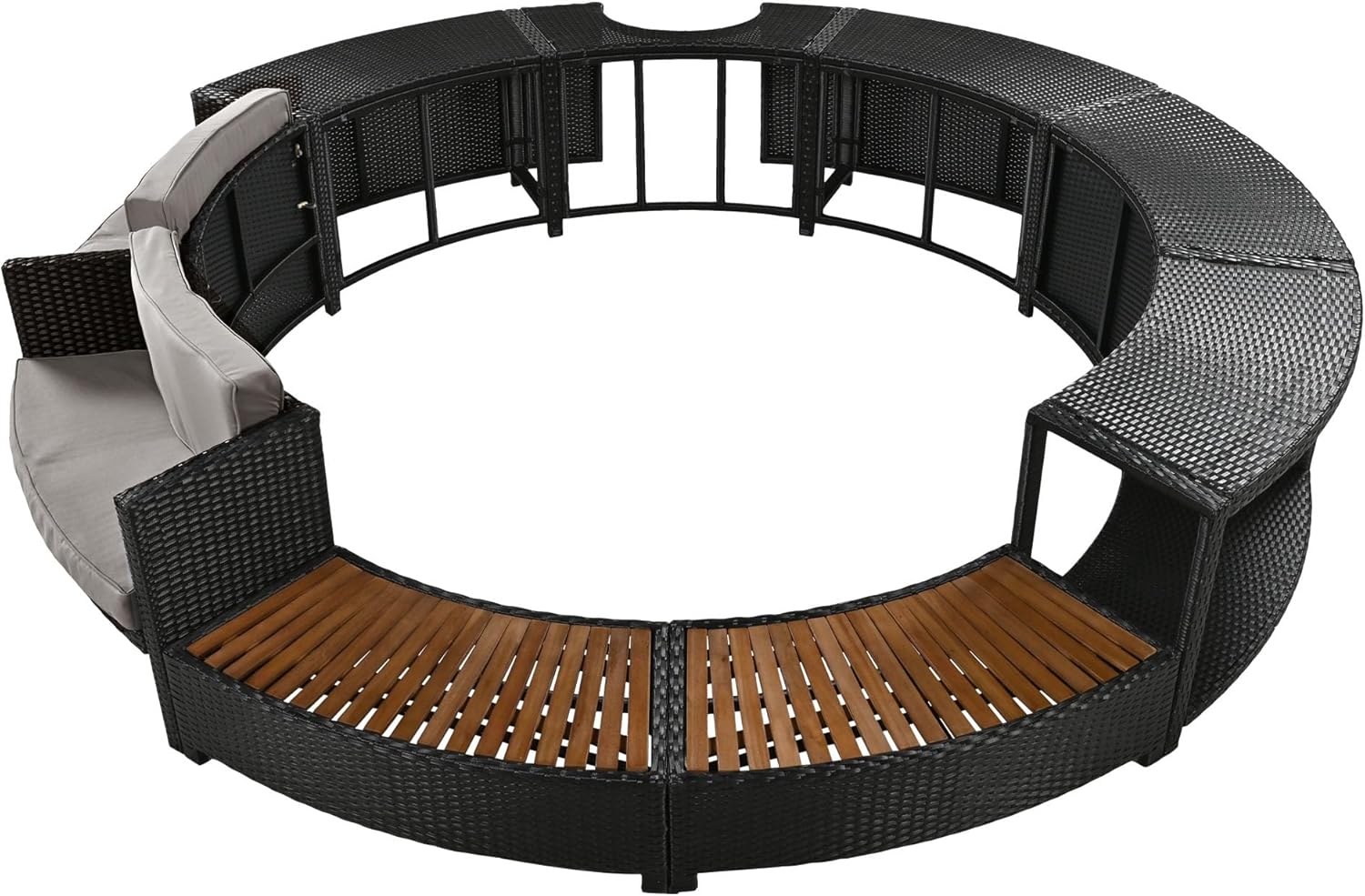 Patio Rattan Sofa Set Spa Surround Spa Frame with Storage Spaces, Outdoor All Weather Round Conversation Sofa Set with Acacia Wood Seats and Waterproof Cushion, Free Combination (Grey-sp)