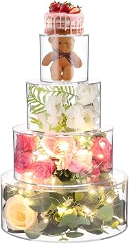 4 PCS Acrylic Cake Stand, 4/6/8/10 Inch Clear Cake Stand Fillable Cake Riser Round 4 Tier Case Box for Birthday Wedding Holiday Party 4PCS