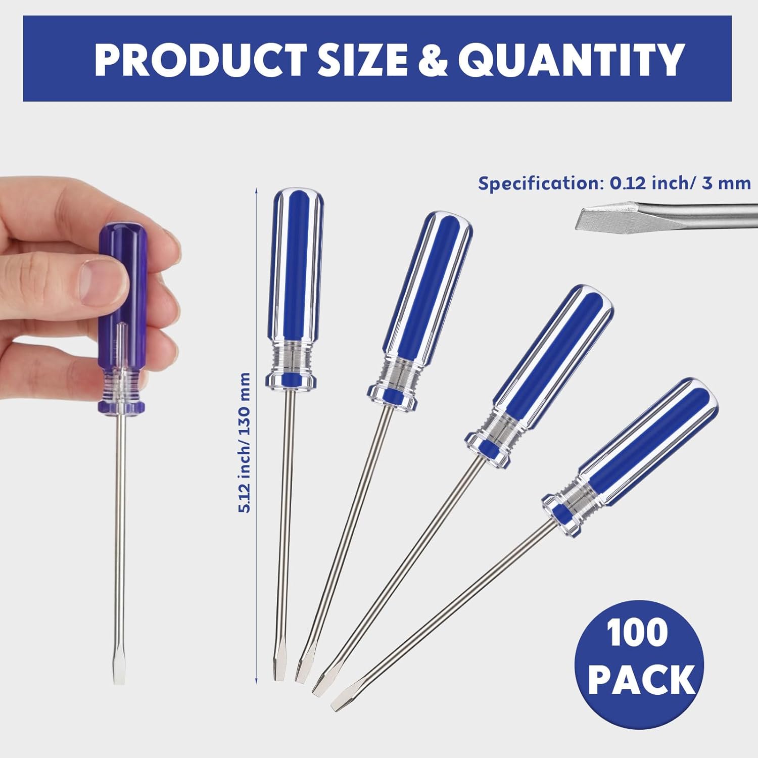 Lothee 100 Pack Mini Slotted Screwdriver 3.0mm Flat Head 5.12" (130 mm) Length Precision Flat Head Screw Driver with Non-slip Handle for Small Appliances Repair (Blue)