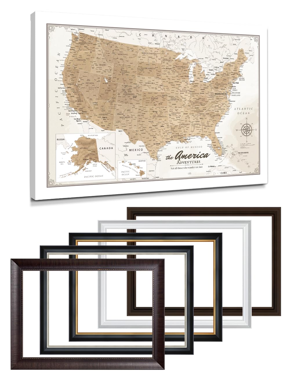 IPIC Personalized Vintage Framed USA Map Pin Board, Image Size 24x16 in