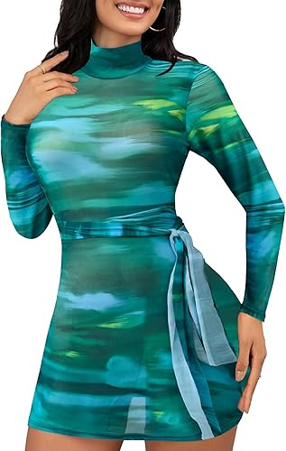 Sexy Long Sleeve Midi Dress for Women Sheer Mesh Printed Crew Neck Bodycon Party Clubwear See Through Dresses