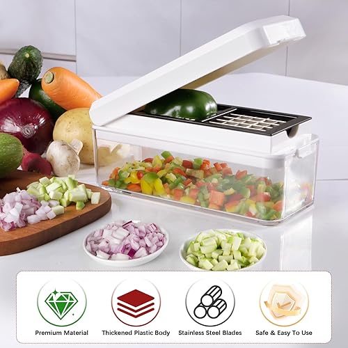 Miniatura 7 de Picador de verduras, picador de cebolla, rebanador de mandolina, picador de alimentos con recipiente, cortador de verduras para ensalada, papa,