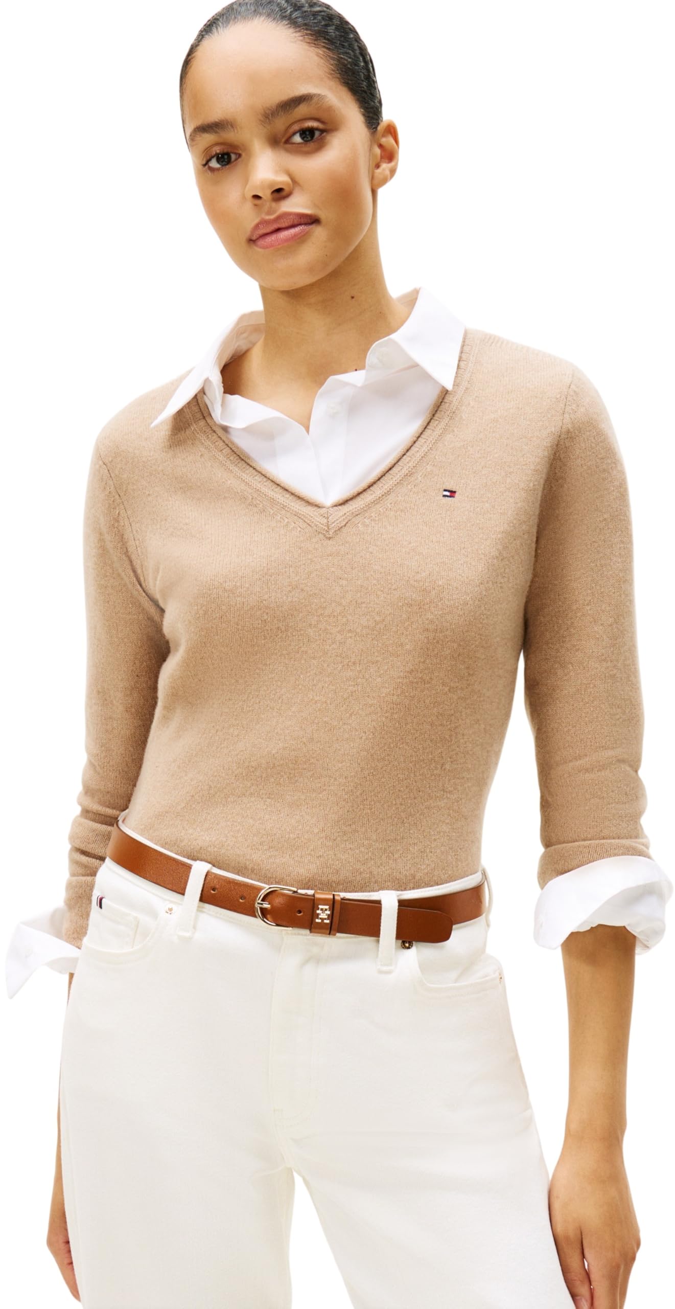 Tommy Hilfiger Women’s Soft Wool V-Neck Jumper, Beige (Safari Canvas Heather), XXXL