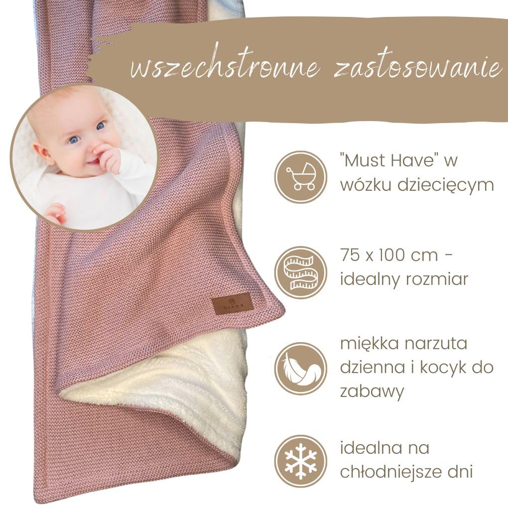 DIKOS® Kocyk dziecięcy Premium na zimę (stary róż) – przytulnie miękka kołdra zimowa dla noworodków płci żeńskiej, z bawełny organicznej i ciepłego polaru (Oeko-Tex 100), stylowa kołdra do wózka