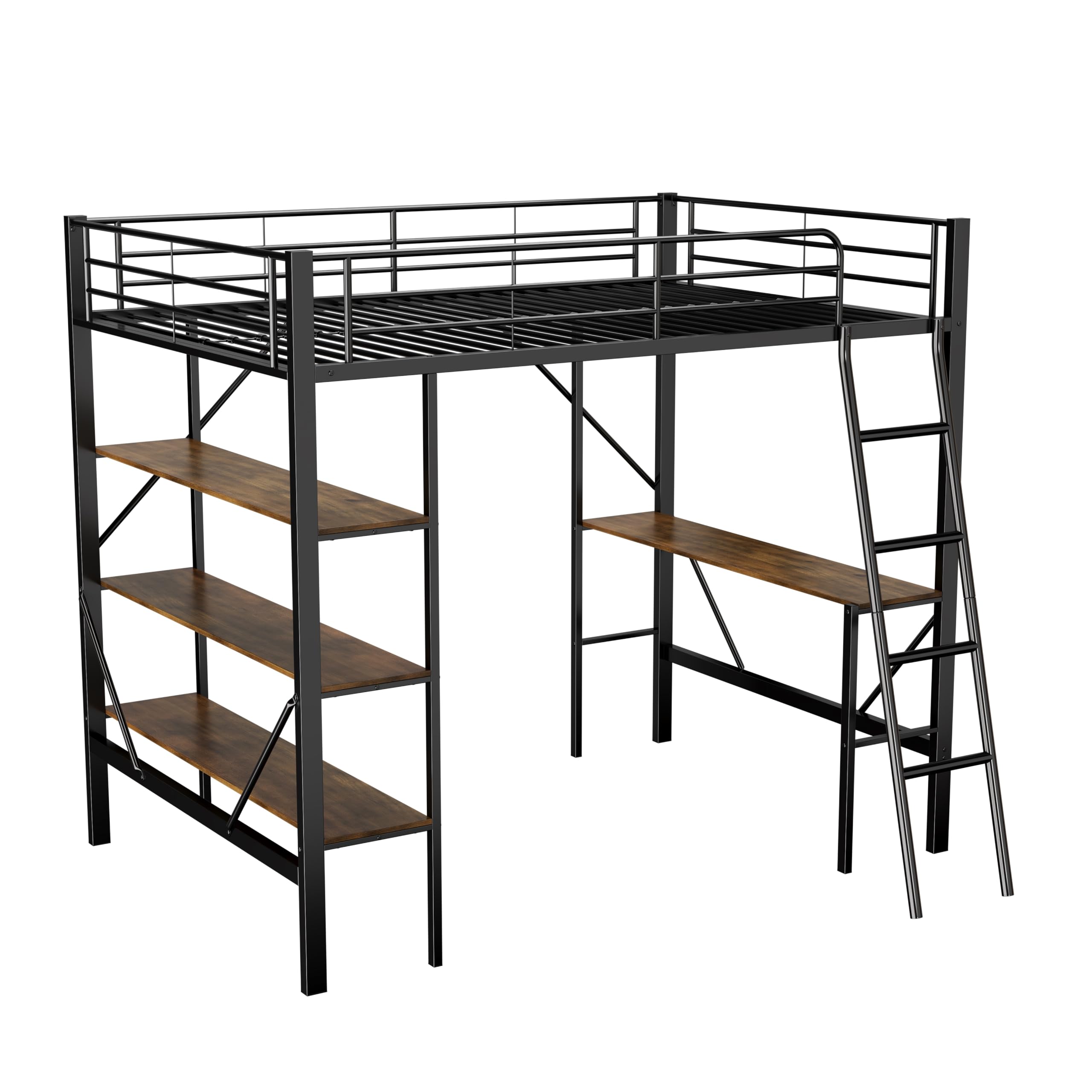Letto A Soppalco In Metallo Moimhear 90x200 Cm – Con Scrivania, LED, Prese E Scaffale A Griglia, Scala Con Armadio, Per Adolescenti E Studenti (Nero)