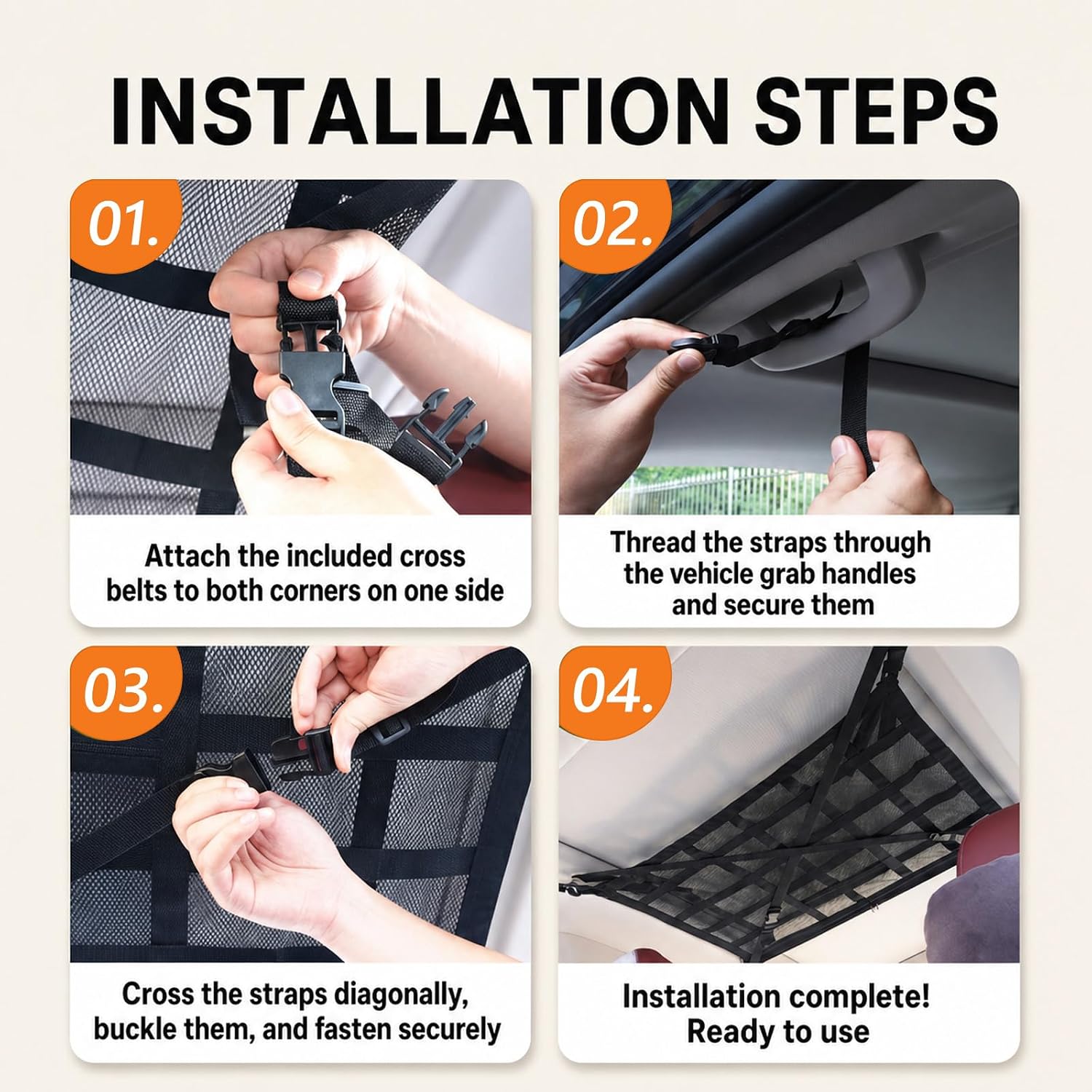 ZTJ Car Ceiling Cargo Net for SUV Roof Storage, Van Life Essentials Camping Trip Organizer with 3 Grab Handles & Extension Strap, Anti-Sag Double-Layer Mesh (31.5"x20.8") (Black, Middle)
