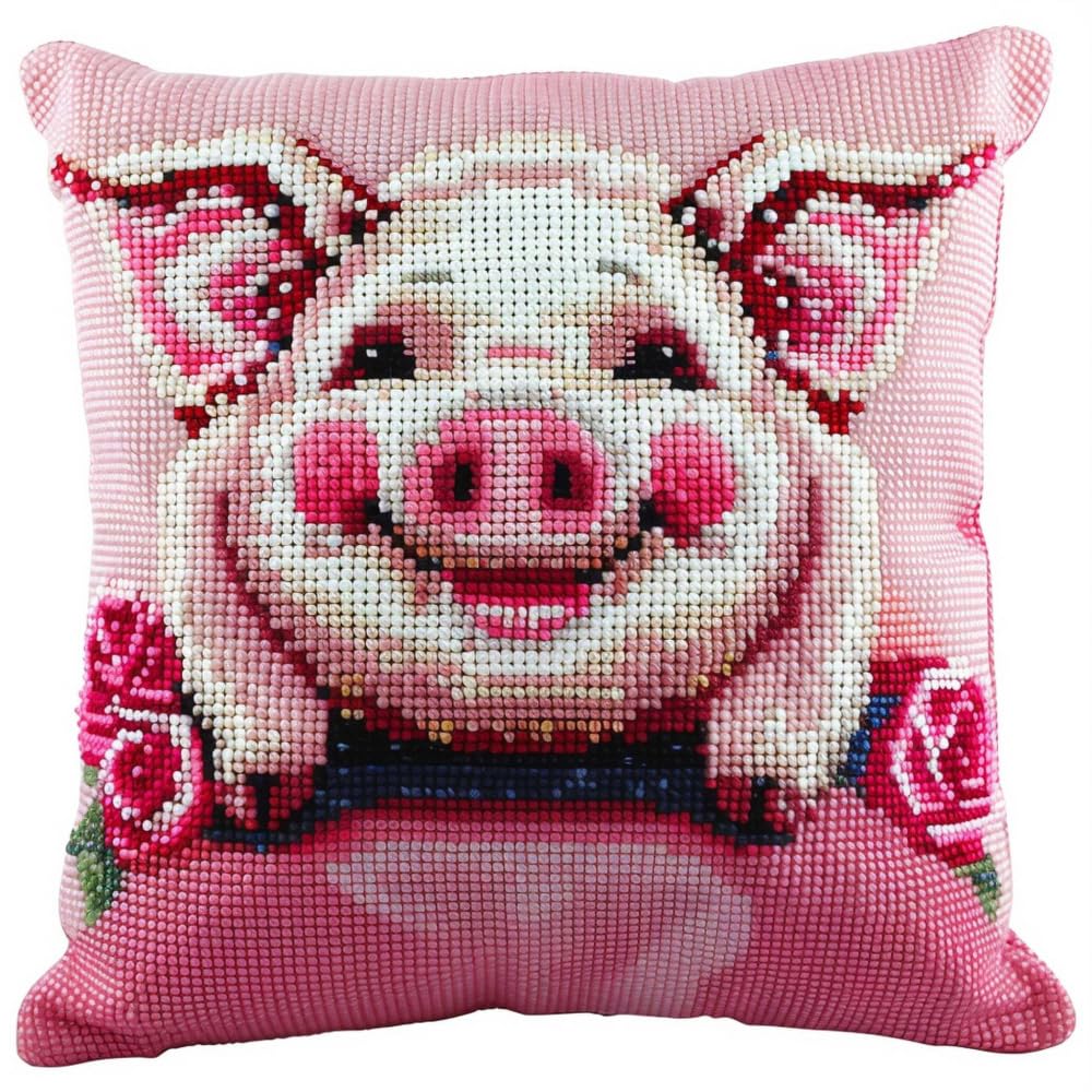 RKFLGEW Latch Hook Cushion Kits Pig Animal DIY Hook Latch Kit Pillowcase Rug Printed Cushion Crochet Yarn Embroidery Decoration Beginner Latch Hook KitsDe Loquet 43x43cm