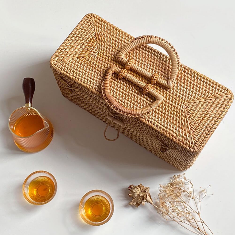 Wicker Suitcase Picnic Basket With Liner, Rattan Storage Box With Handles, Vintage Handbag for Camping