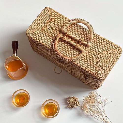 Miniatura 7 de Cesta de té de ratán con tapa, contenedor de almacenamiento rectangular con rejilla dividida de ratán agitado, organizador de almacenamiento de