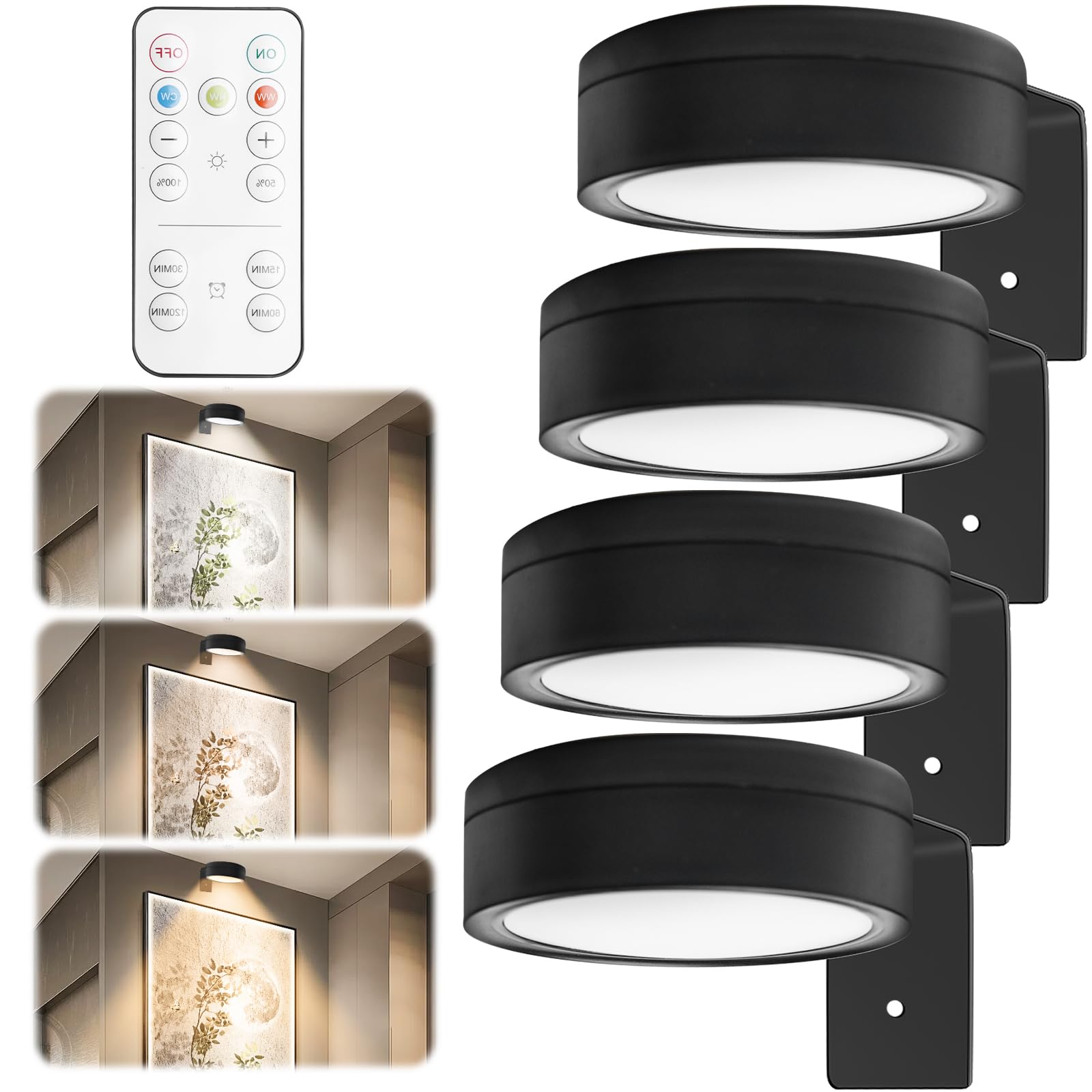 GOMETY Zestaw 4 lamp ściennych z pilotem zdalnego sterowania, lampa ścienna LED, 3 tryby kolorów, możliwość ściemniania, ramka na zdjęcia, magnetyczne oświetlenie witryny