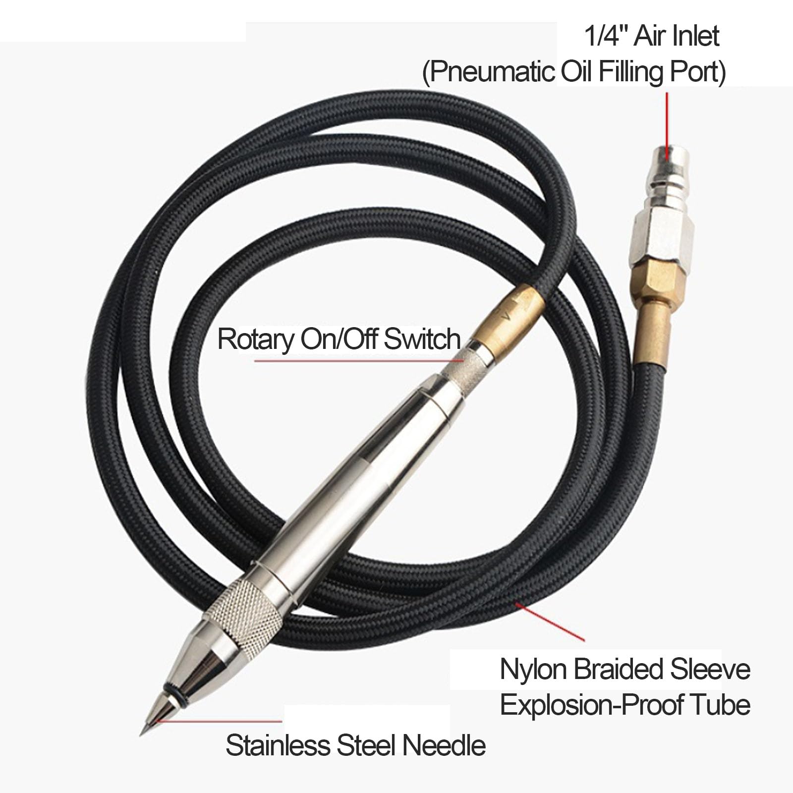 Stylo De Gravure Pneumatique Portatif avec Tuyau, Pression De Service De 90 Psi, 3 800 Coups/Min, Entrée Dair De 6,35 Mm (1/4"), Idéal pour Graver sur Céramique, Marbre, Métal, Bois Et