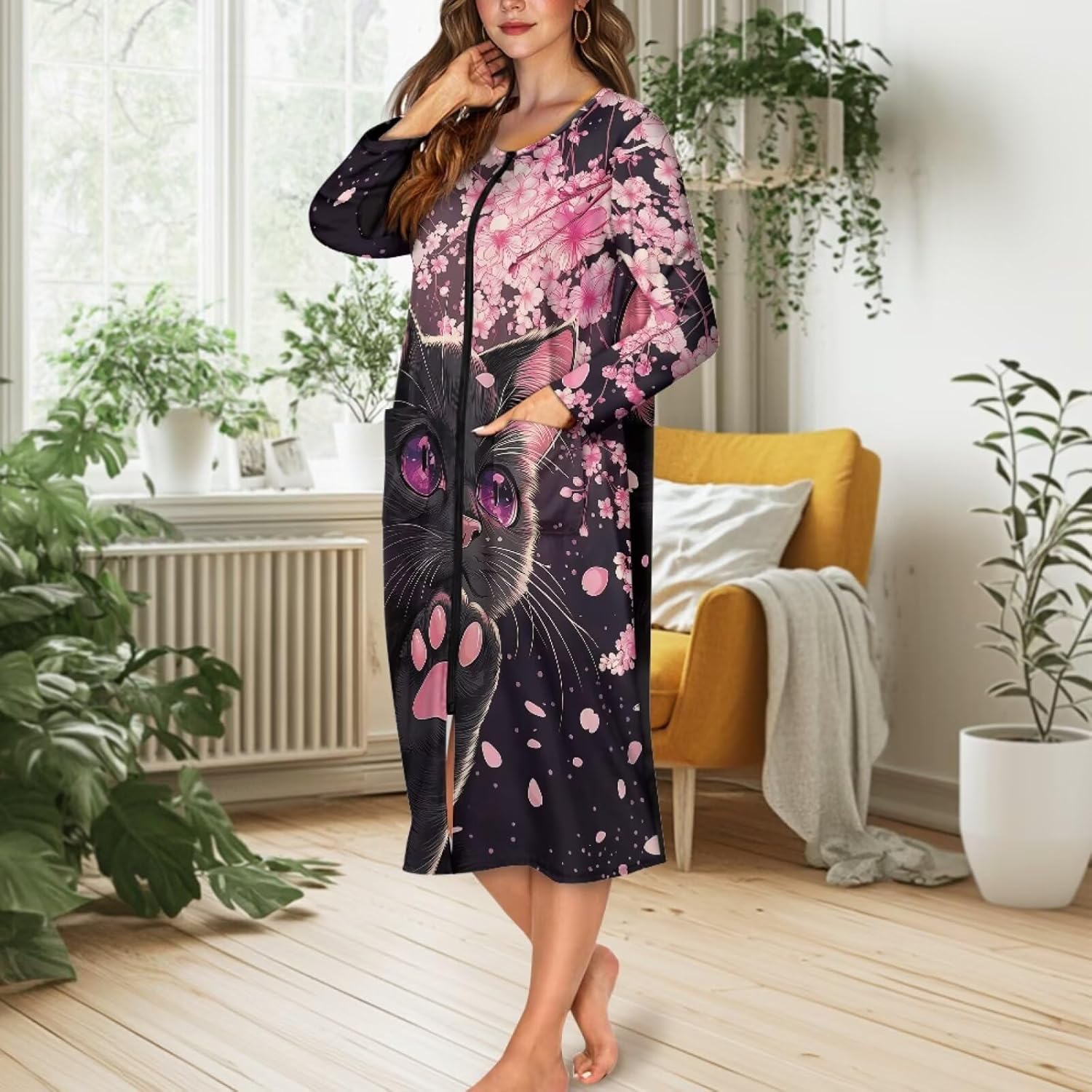 Women Zipper Robe Long Sleeve Nightgown Comfy Loungewear Crew Neck House Coat
