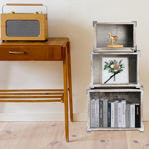 Miniatura 4 de Hacaroa Paquete de 3 cajas de madera con asas, caja de almacenamiento rústica para anidar, cestas de madera decorativas para frutas, verduras,