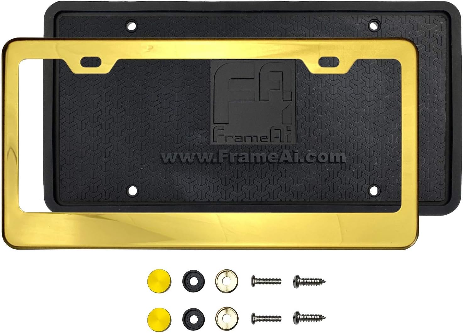 Silicone Back Guard License Plate Holder Gold Chrome Polish Mirror License Plate Frame T304 Stainless Steel + Metal Screw Caps