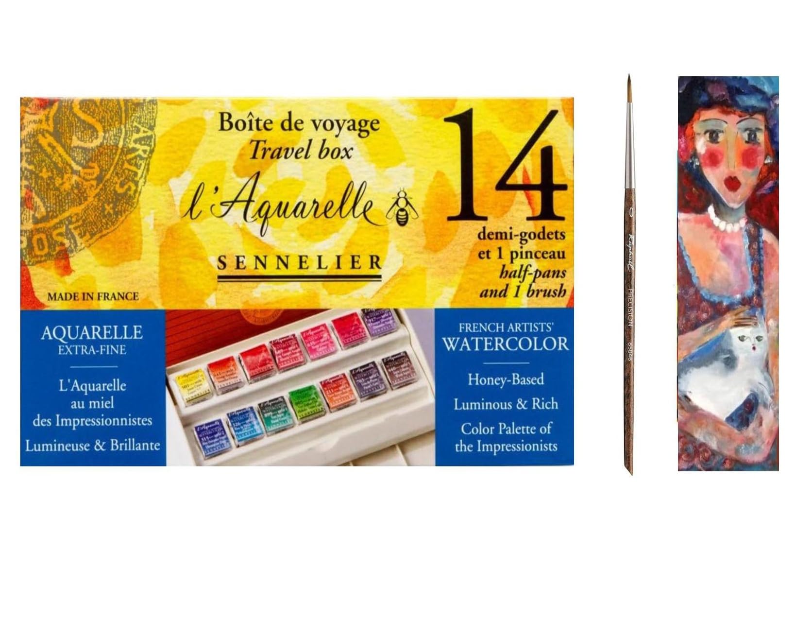 Sennelier Boîte de Peinture Aquarelle Extra-Fines,14 Demi-Godets. Boîte en métal. avec Pinceau et 1 Carte