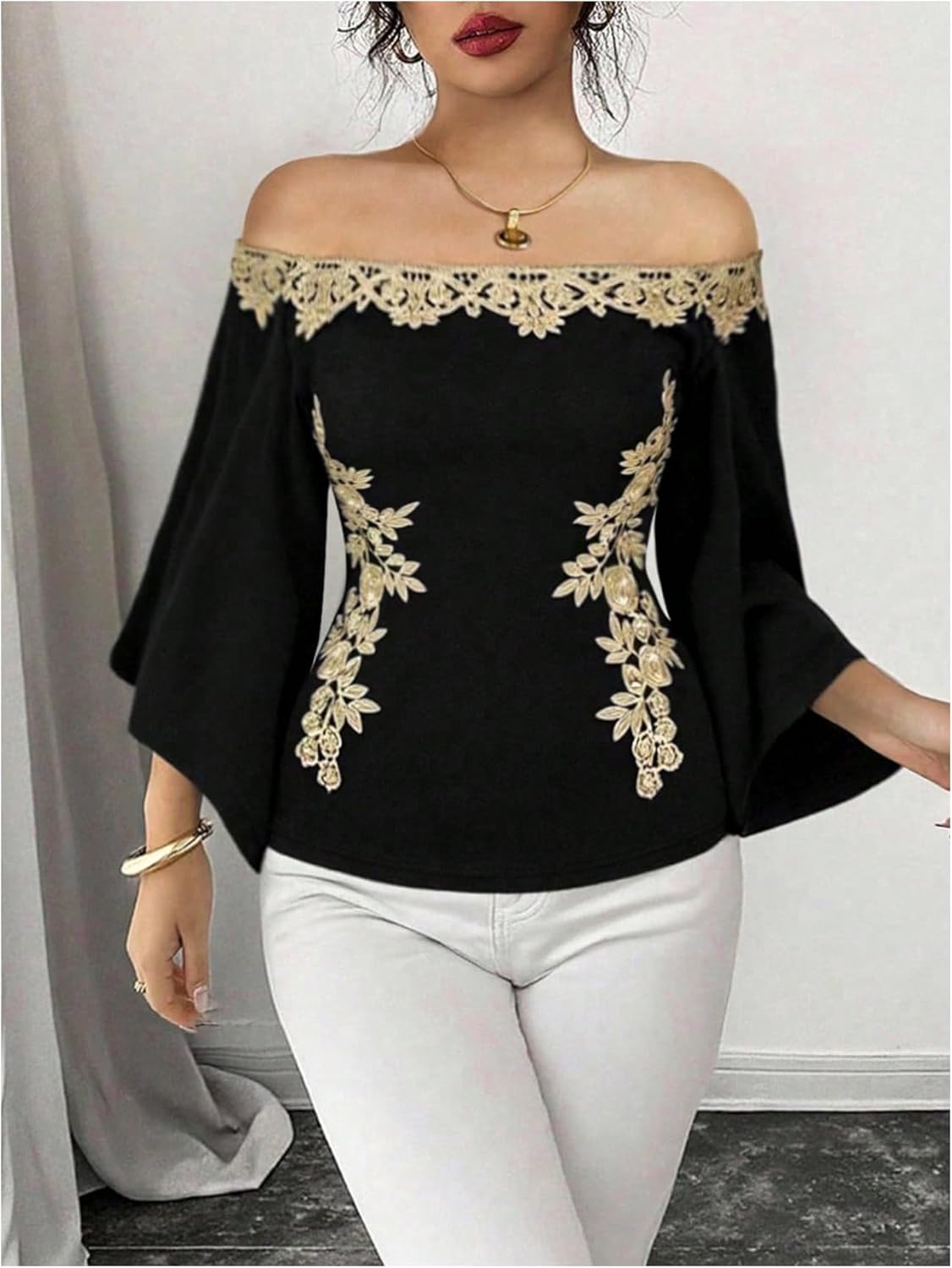SweatyRocks Women's Off The Shoulder Bell Sleeve Top Floral Applique Fitted T Shirts - Image 4