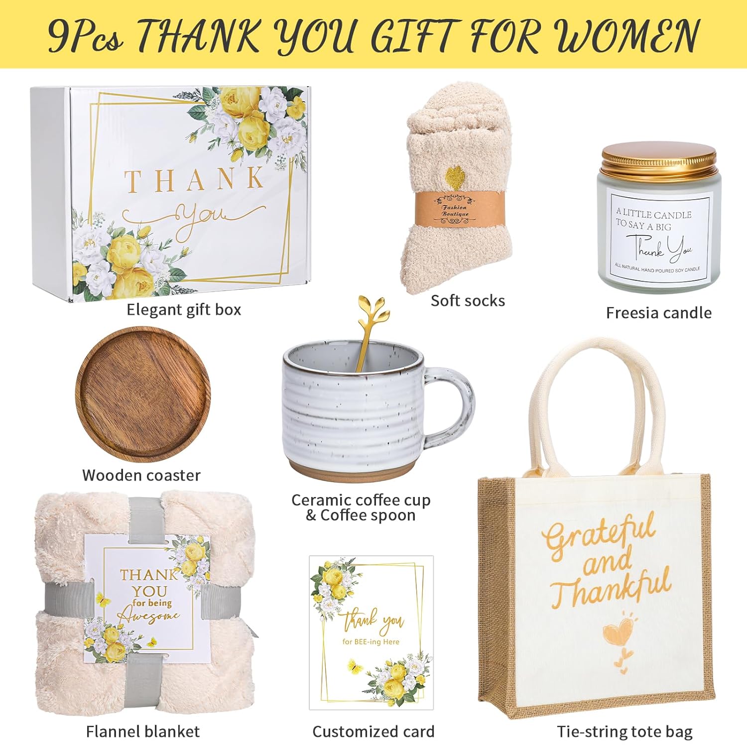 Thank You Gifts for Women ,Appreciation Gift Box with Blanket, Mug with Lid and Spoon, Soy Candle, Fuzzy Socks, Tote Bag, Card ,Boss, Birthday, Nurse, Teacher, Coworker, Mom, Best Friend - Image 2