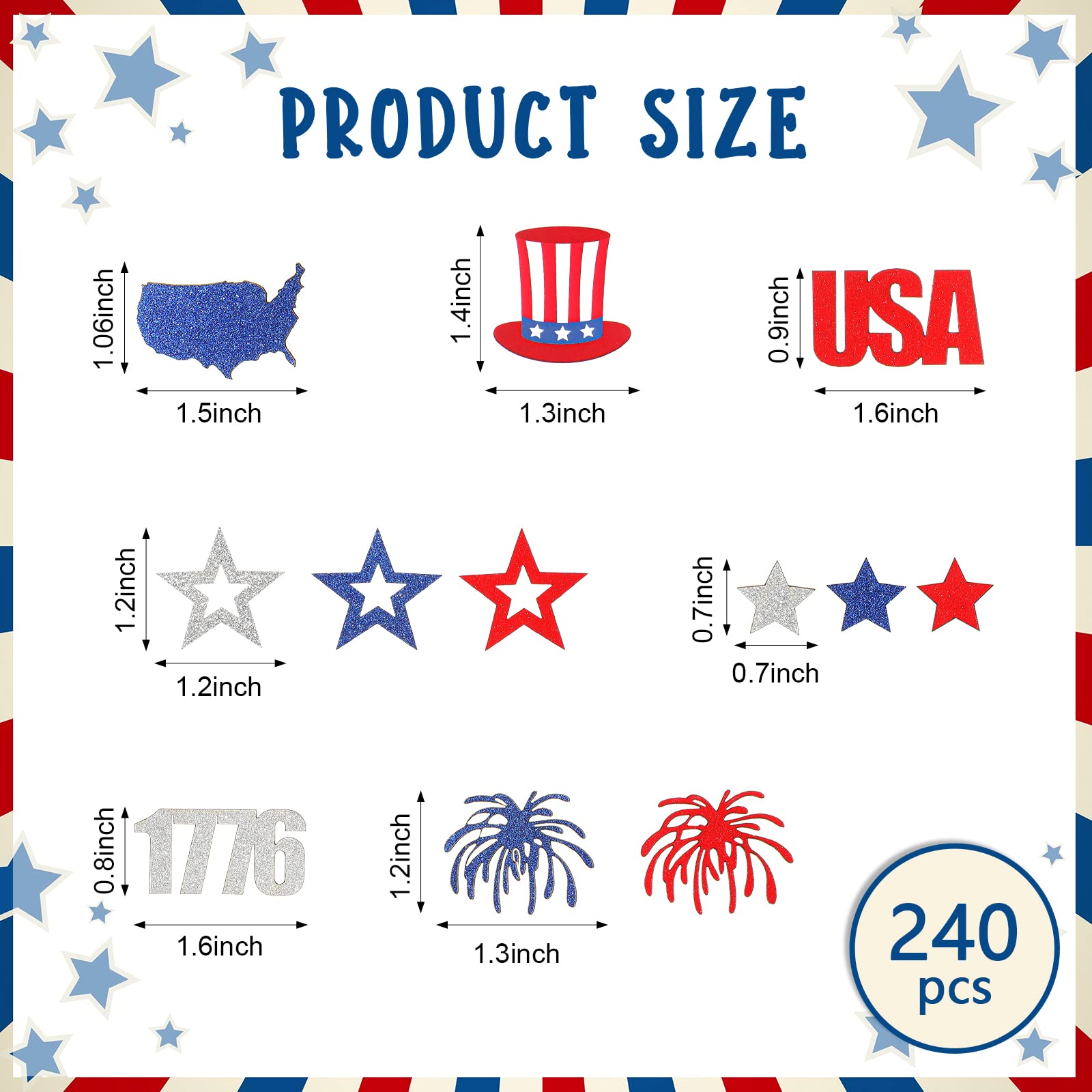 240 Pcs 4th of July Confetti Patriotic Red White Blue USA Confetti Independence Day Glitter Sprinkles American Star Flag Party Decor for Memorial National Veterans Day