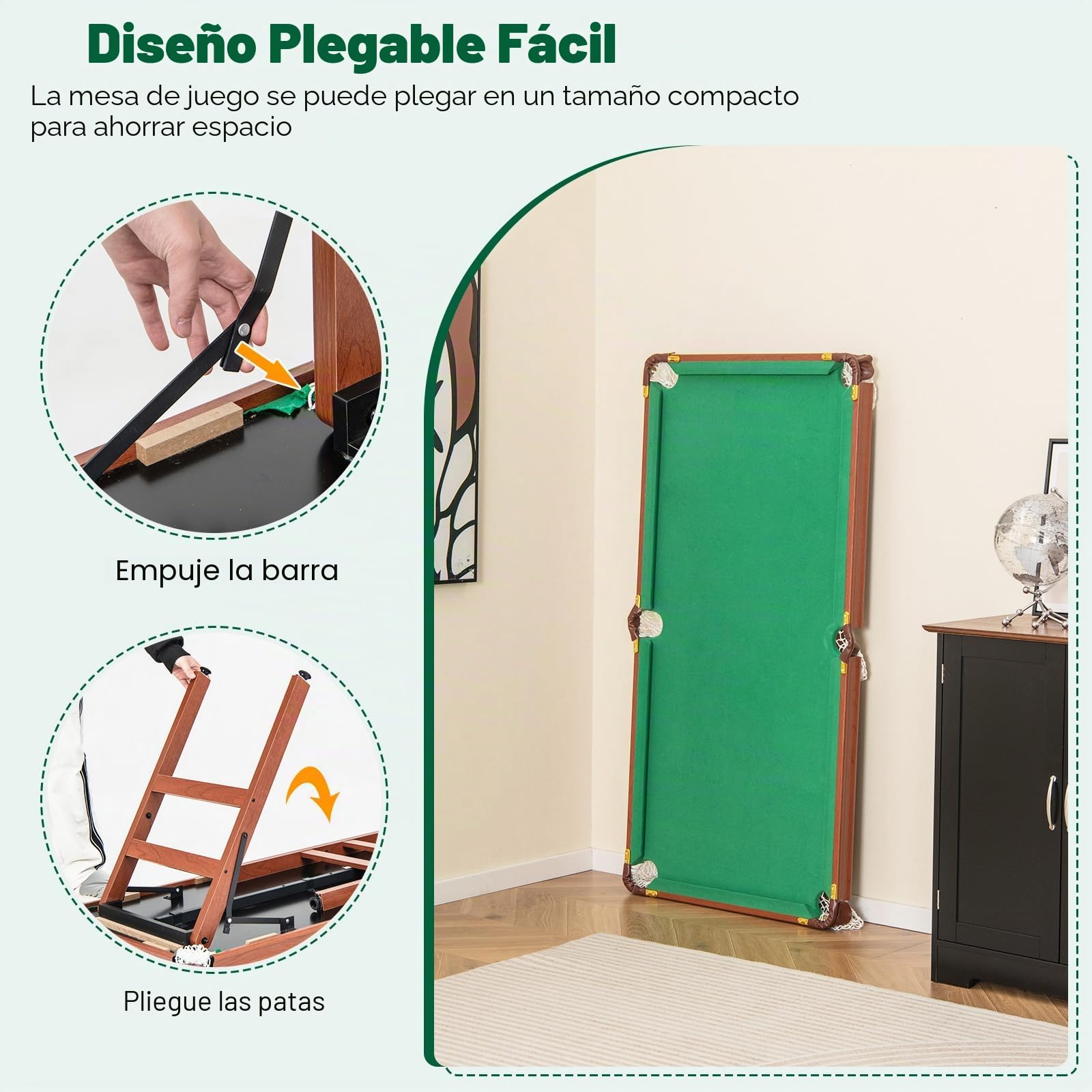 GOPLUS Mesa de Billar Plegable para Infantil y Adultos, 138 x 67 x 79.5 cm, con Patas Plegables y Ajustables, Esquinas Protegidas de Piel, 2 Colas, 2 Tizas, 16 Bolas, Triángulo, Cepillo, para Niños