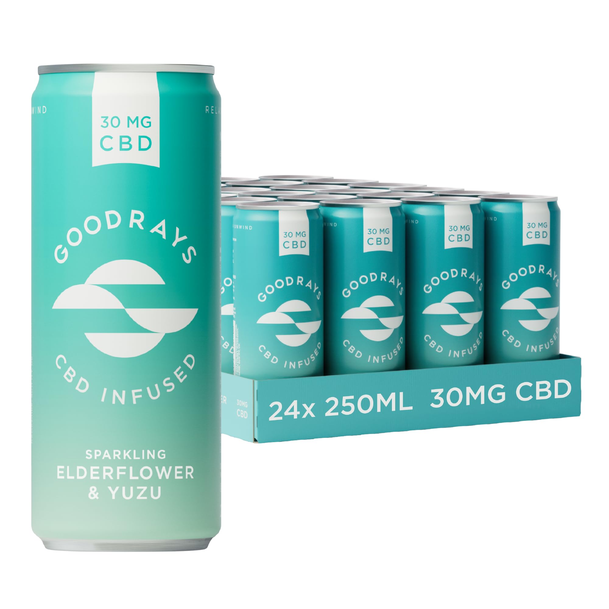 CBD Drinks, Sparkling Low Calorie Soft Drink, Vegan, Elderflower & Yuzu, 24 x 250ml Cans, Packaging May Vary