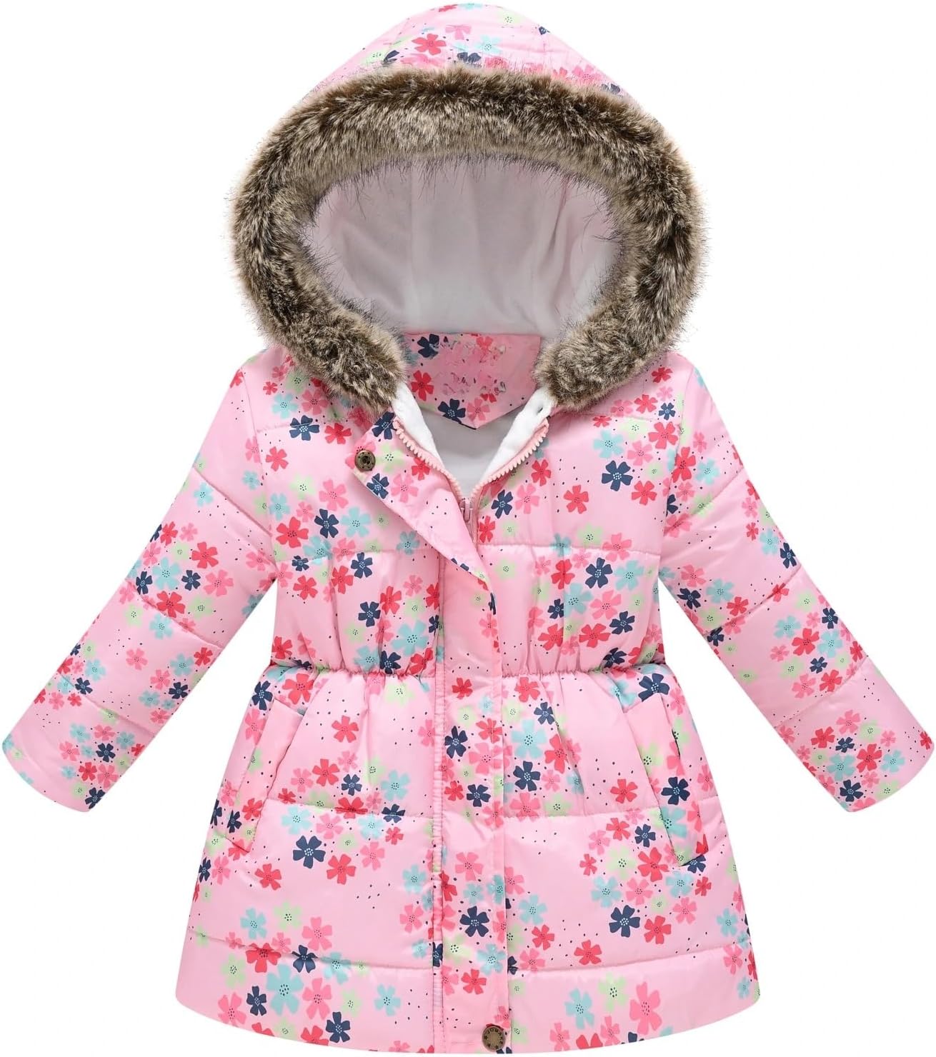 IFFEI Girls Winter Coat Jacket Fur Hooded Long Puffer Jacket Flower Print Warm Outdoor Coats for Kids 3-11 Years
