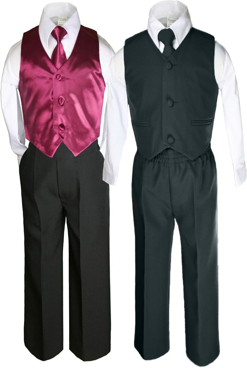 6pc Boys Black Vest Sets Suits Outfits with Satin Color Vest Sets (S-7) (S:(0-6 months), Burgundy)