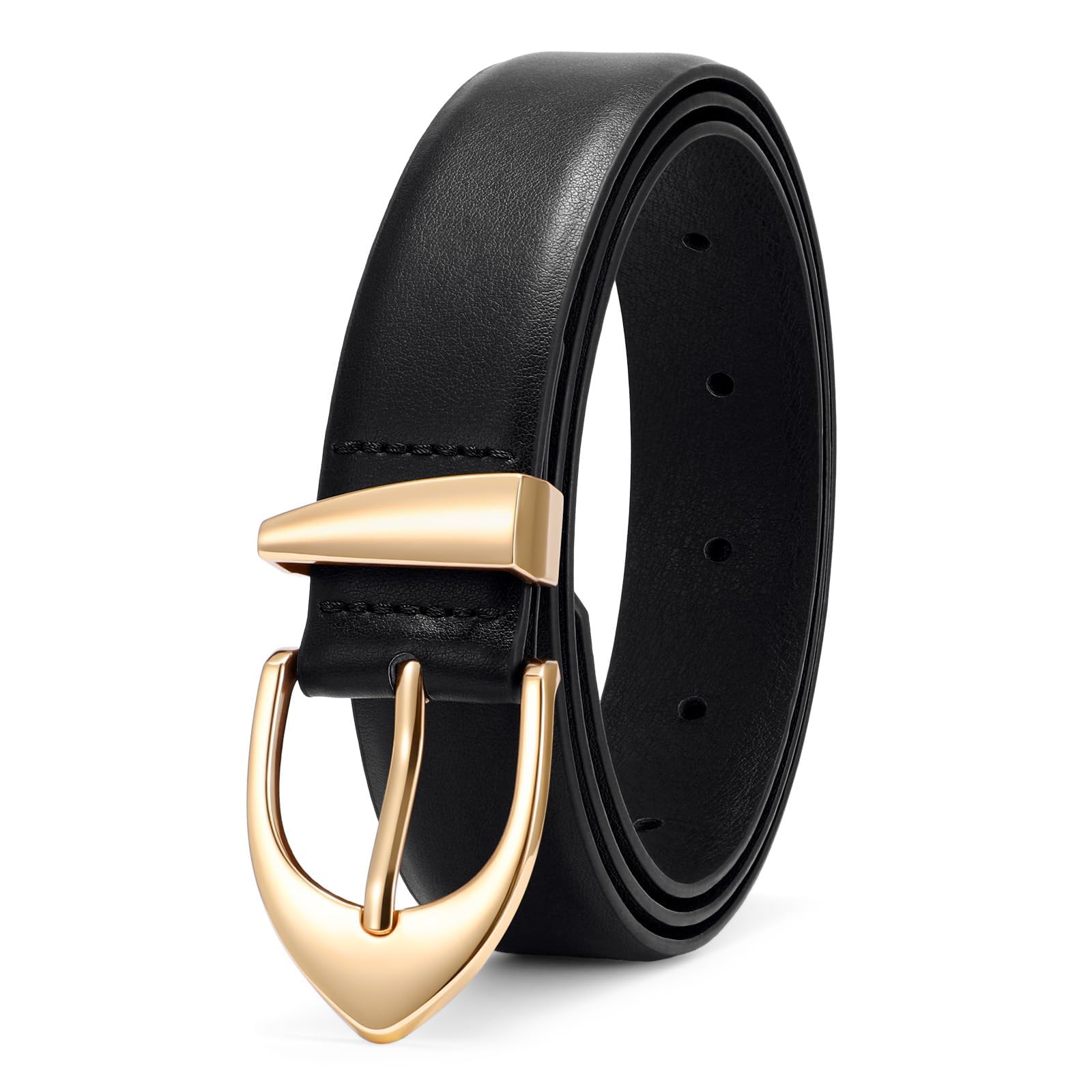 XZQTIVE Womens Leather Belts Classic Minimalist Design For Jeans Pants Dresses Black Belt With Gold Buckle