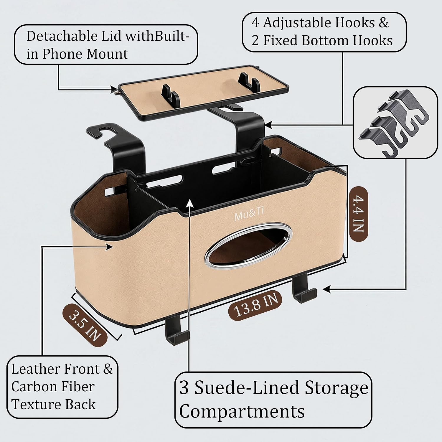 Mu&Ti Back Seat Car Organizer,4+2 in 1 Multifunctional Car Back Seat Storage Box with 2 Cup Holders, Tissue Box and Hook - Ideal for Kids and Travel(Beige)