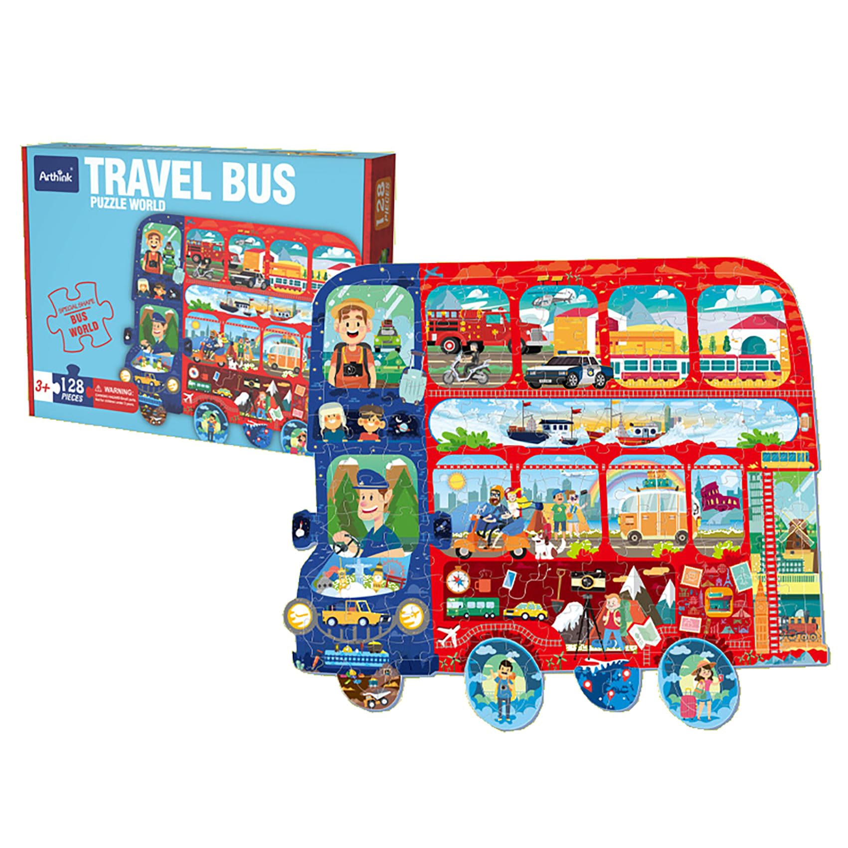 Double Decker Bus Floor Puzzles for Kids Ages 4-8, 128 Pieces Large Jigsaw Puzzles for Kids Ages 3-5, Floor Puzzle Preschool Toys,Transportation Gift for Boys Girls (Double Decker Bus)