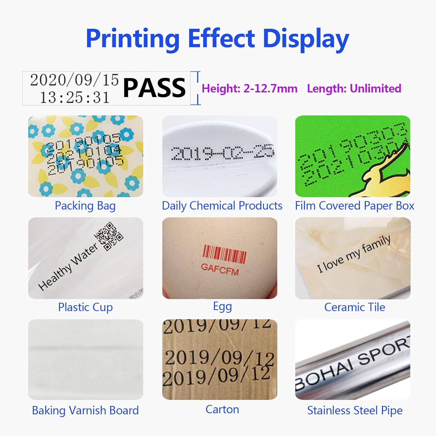 Display of various printing effects on different materials like packing bags, daily chemical products, eggs, and ceramic tiles
