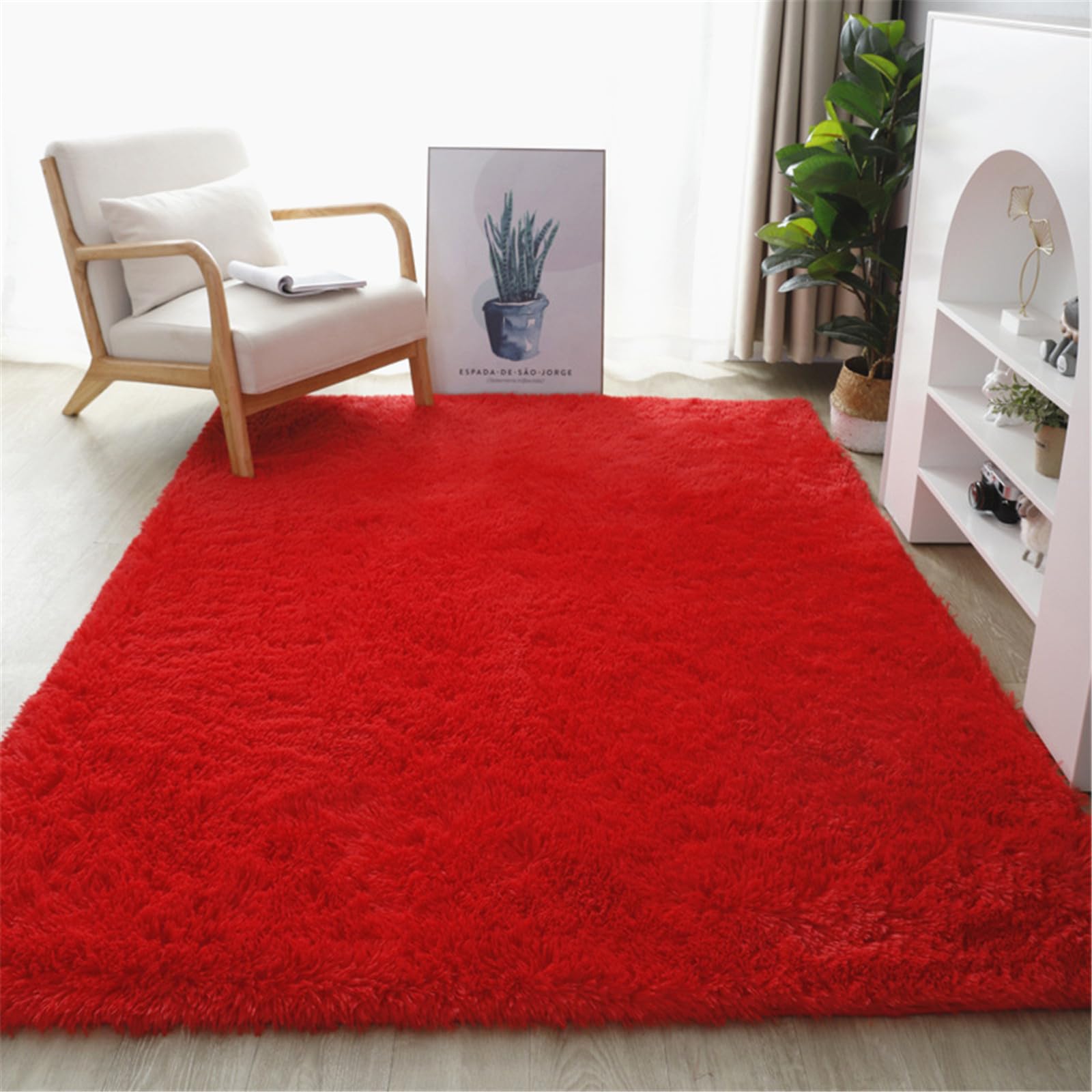 Highdi Couleur Unie Tapis de Salon à Poils Longs Doux et Moelleux Grand Tapis de Chambre Antidérapant Confortable Shaggy pour Chambre Salon Couloir, Nordic (Rouge,160x230cm)