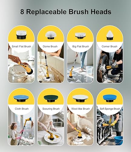 Miniatura 7 de Limpiador eléctrico giratorio con 8 cabezales de cepillo reemplazables, 6 ángulos ajustables, pantalla LED, suministros de cepillo de limpieza