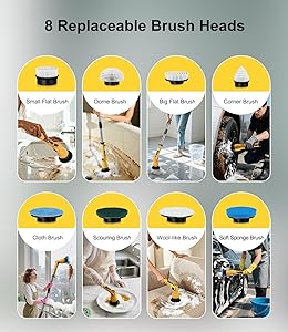 Electric Spin Scrubber with 8 Replaceable Brush Heads 6 Adjustable Angle Waterproof LED Display Cordless Cleaning Brush Supplies Bathroom Cleaner Set Long Handle Power Scrubber for Shower Floor Tub