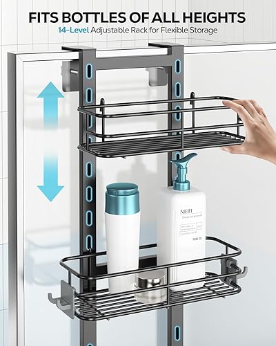 Vista 26 de Nieifi Estante organizador de despensa para ducha sobre la puerta con ganchos confiables, organizador de ducha resistente para colgar, estante