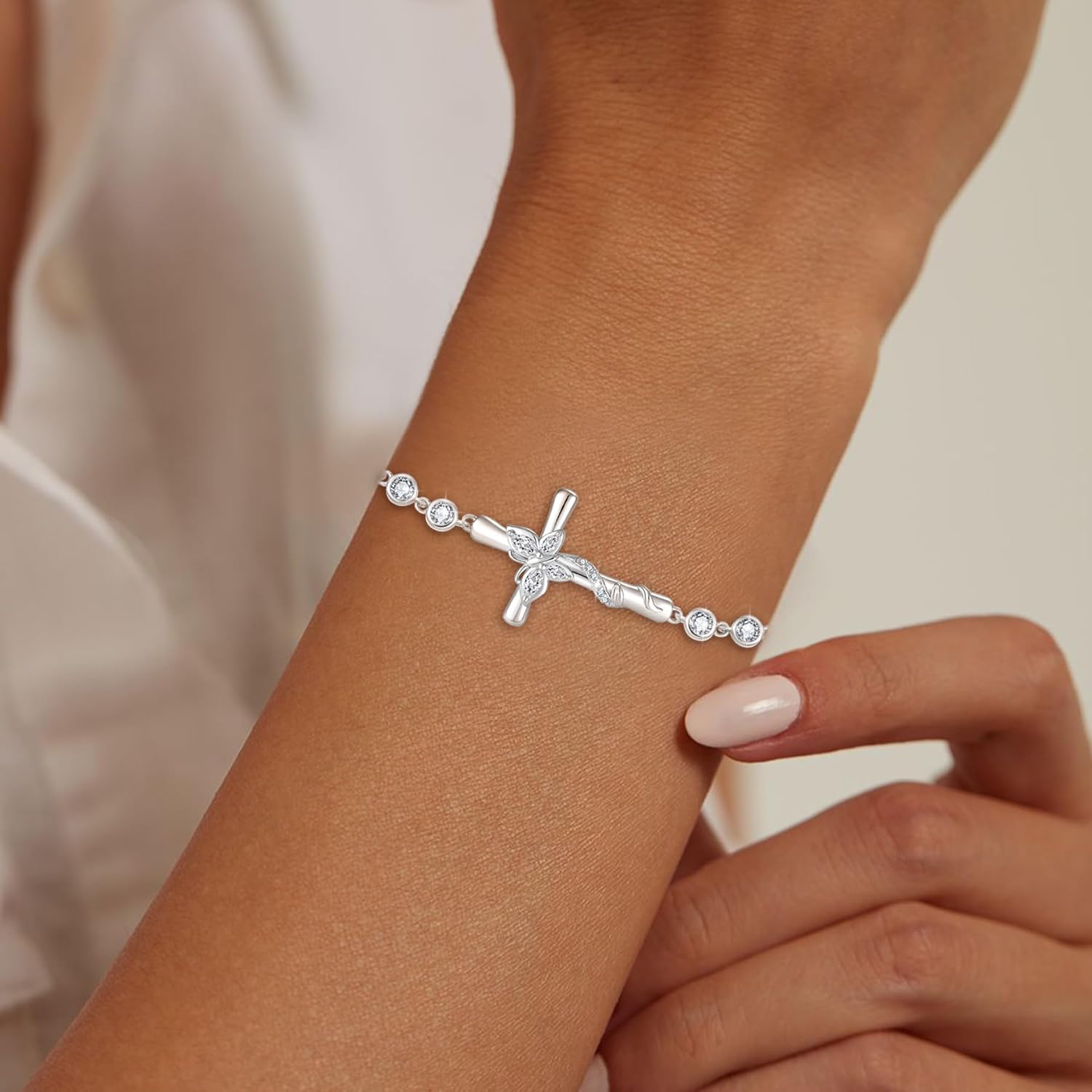 Cross Bracelet for Women 925 Sterling Silver Adjustable Butterfly Bracelet Birthstone Jewelry for Women - Image 4