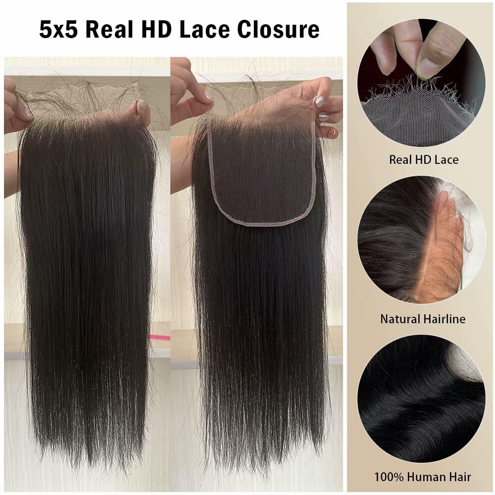 KRN 5x5 HD Lace Closure, 0.1mm Ultra-thin Invisible HD Lace Closure Tiny Single Knot Pre-Plucked with Baby Hair 12A Grade Brazilian Virgin Straight Human Hair 12 Inch