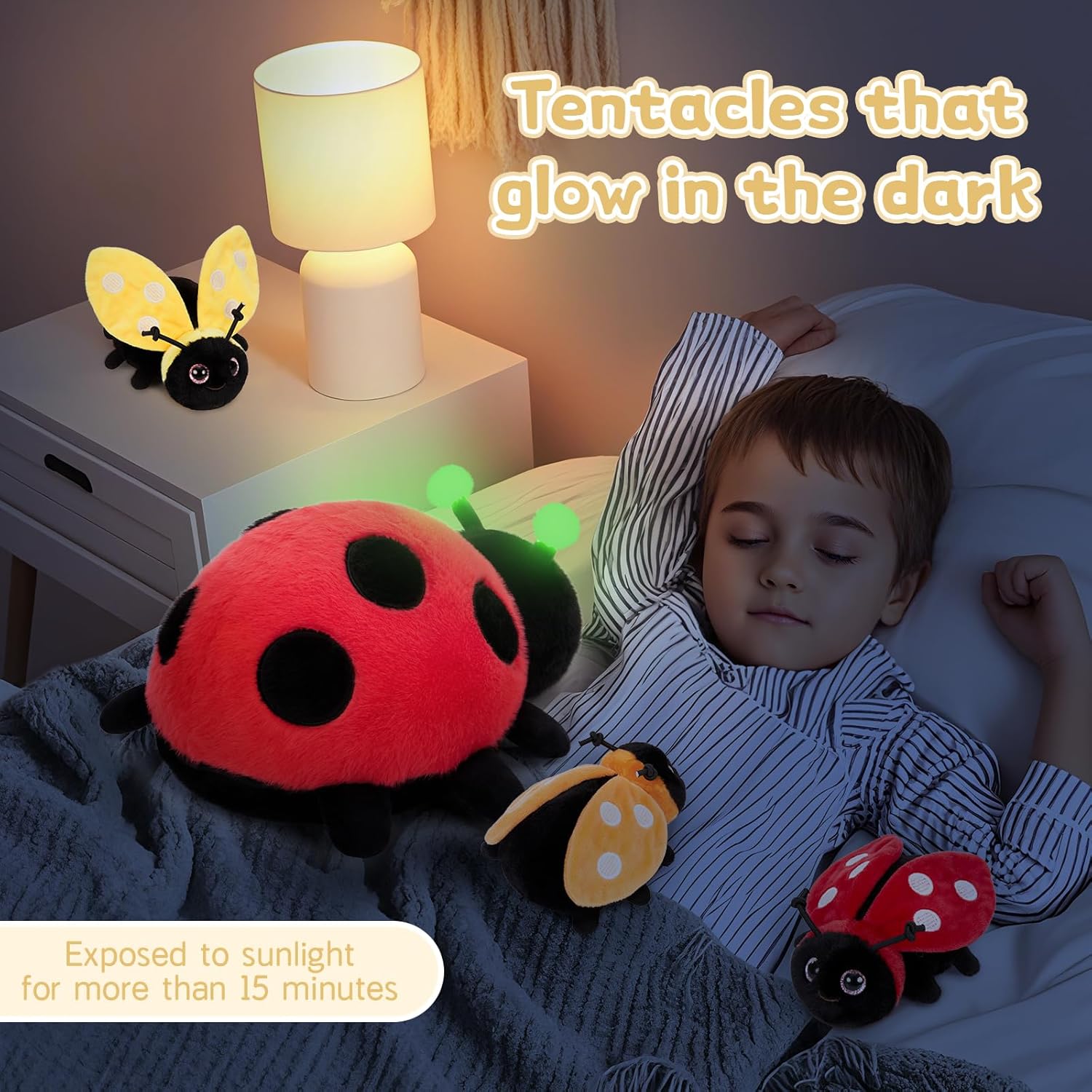 MaoGoLan 4Pcs Ladybug Stuffed Animal,Kawai Mother Ladybird Plush Toys Pillow with 3 Small Baby Lady Beetle Plushie Gift for Insect Lover,Decorations,Party Favor,Baby Shower,Glow-in-Dark Design