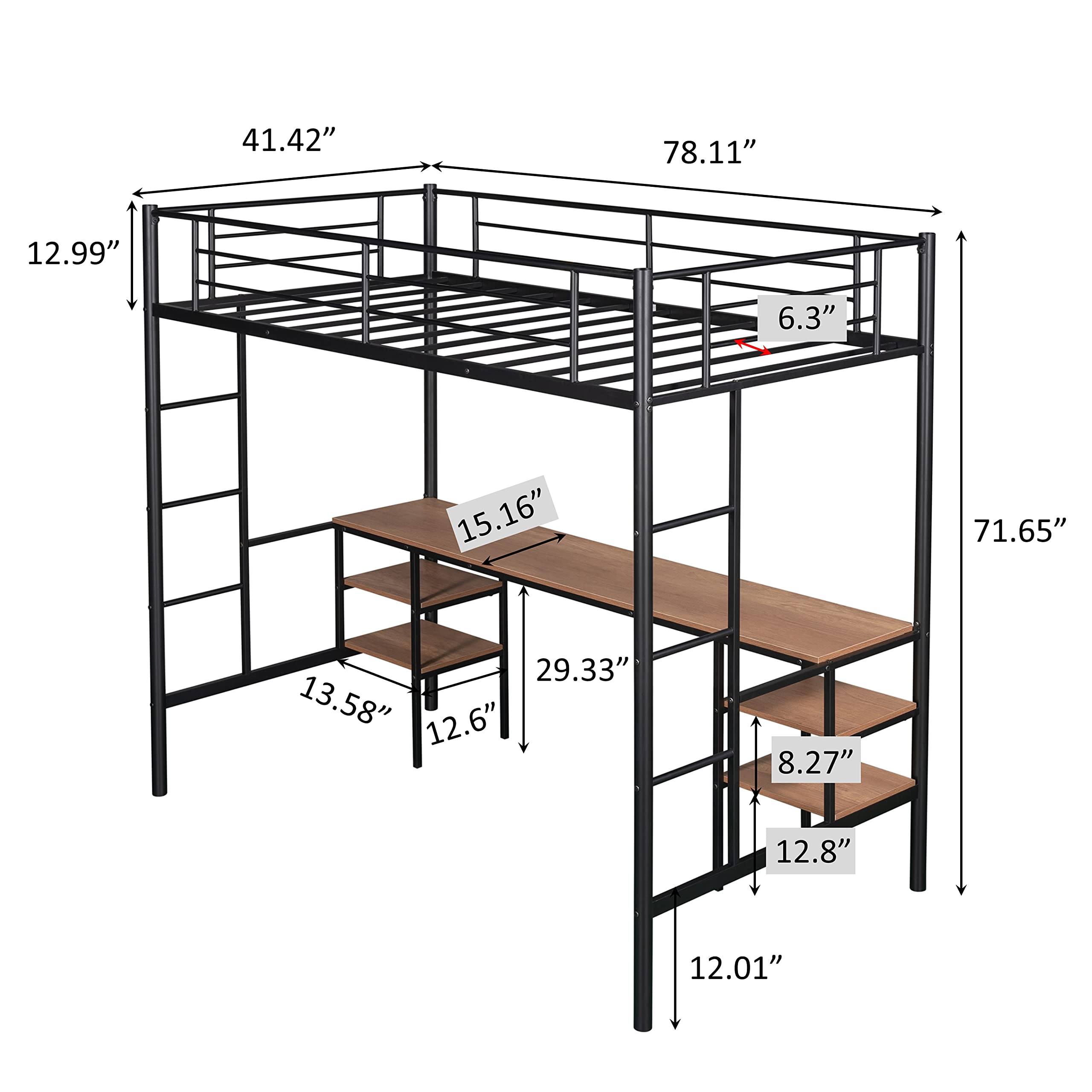 Twin Loft bunk Bed,Metal Loft Bed Frame,Loft Bed with Desk and Storage