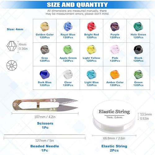 Miniatura 2 de Glarks Juego de 1800 cuentas de cristal de 564 pulgadas, cuentas facetadas de cristal con forma de bicono de 15 colores con cuerda elástica, tijera,