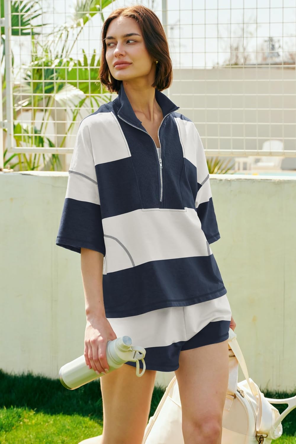 ReachMe Womens Workout Striped Short Sets 2 Piece Outfits Summer Matching Lounge Sets Top and Shorts with Pockets - Image 2