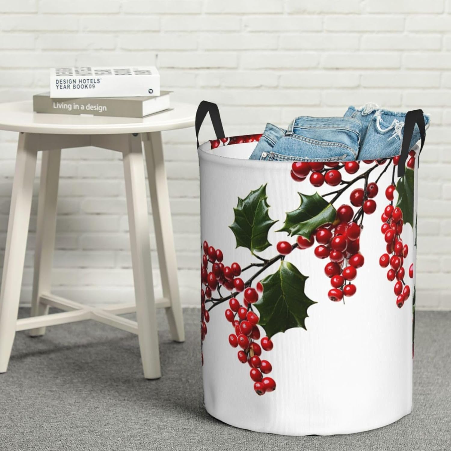Holly Berry Branches Laundry Basket With Handles, Foldable Laundry Hamper Oxford Cloth Dirty Clothes Basket Waterproof Clothes Toys Storage Bin Organizer for Bedroom Bathroom Dorm
