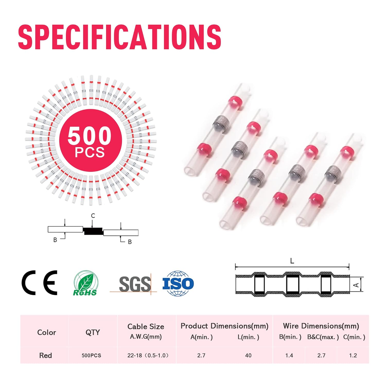 Kuject 500PCS Solder Seal Wire Connectors AWG 22-18, Red Solder Seal Heat Shrink Butt Connectors Terminals Solder Sleeve Waterproof Wire Splice Connector for Marine Automotive Boat Wire Joint